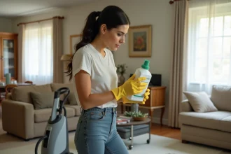 Femme lisant l'étiquette d'une lessive avant d'utiliser une shampouineuse pour nettoyer un tapis à la maison