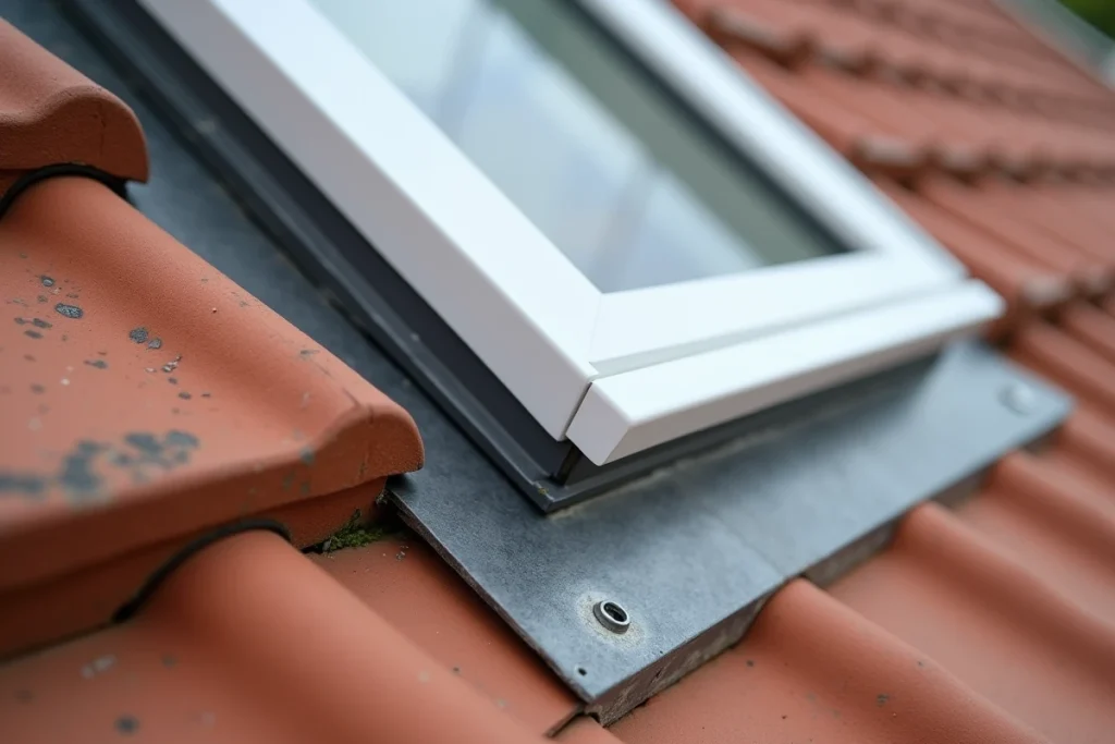 Fenêtre de toit en PVC blanc intégrée dans une toiture en tuiles avec solin zinc sur maison en rénovation