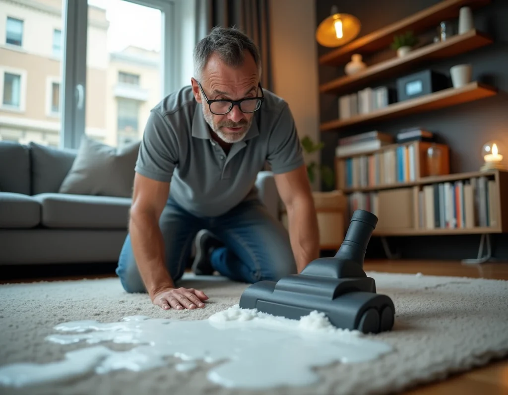 Homme utilisant une shampouineuse sur un tapis avec de la mousse visible, expression inquiète face au résultat du produit utilisé