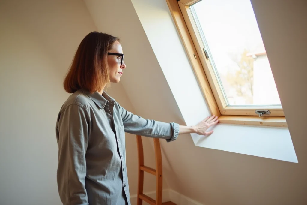 Femme inspectant l'intérieur d'une fenêtre de toit nouvellement installée dans une chambre mansardée rénovée