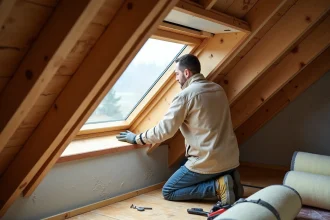 Artisan installant une fenêtre de toit dans un grenier en cours de rénovation avec des matériaux d'isolation visibles