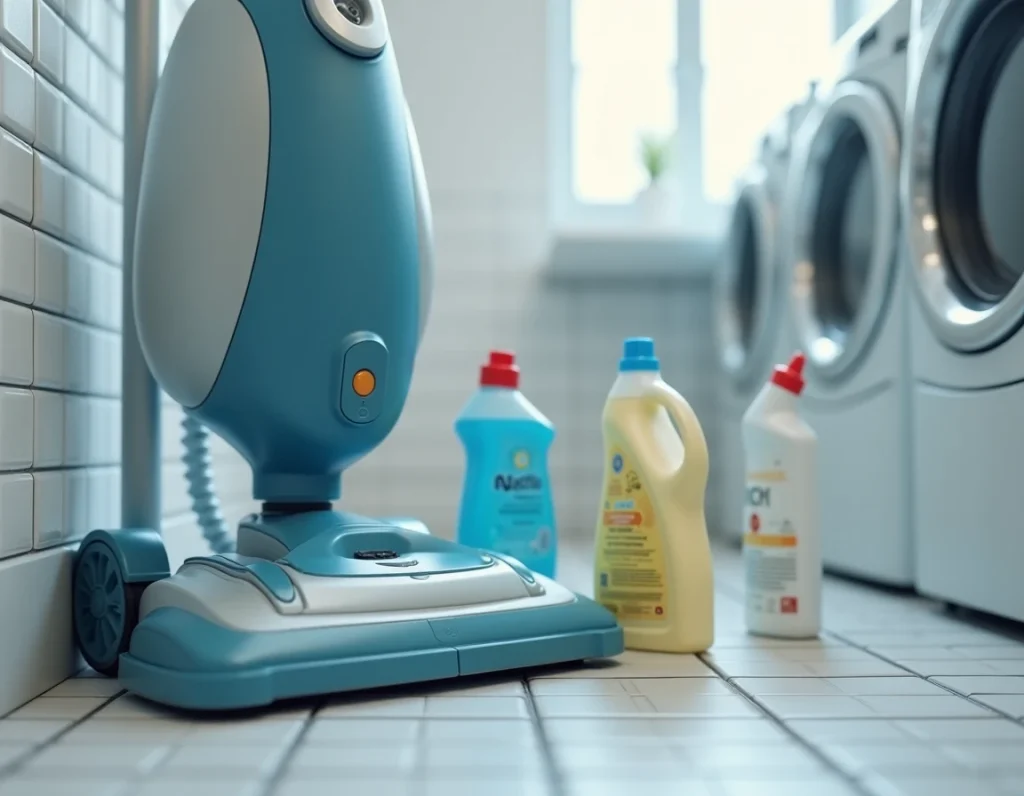 Réservoir de shampouineuse et bouteilles de produits ménagers posés sur le sol d'une buanderie, comparaison lessive et nettoyant moquette