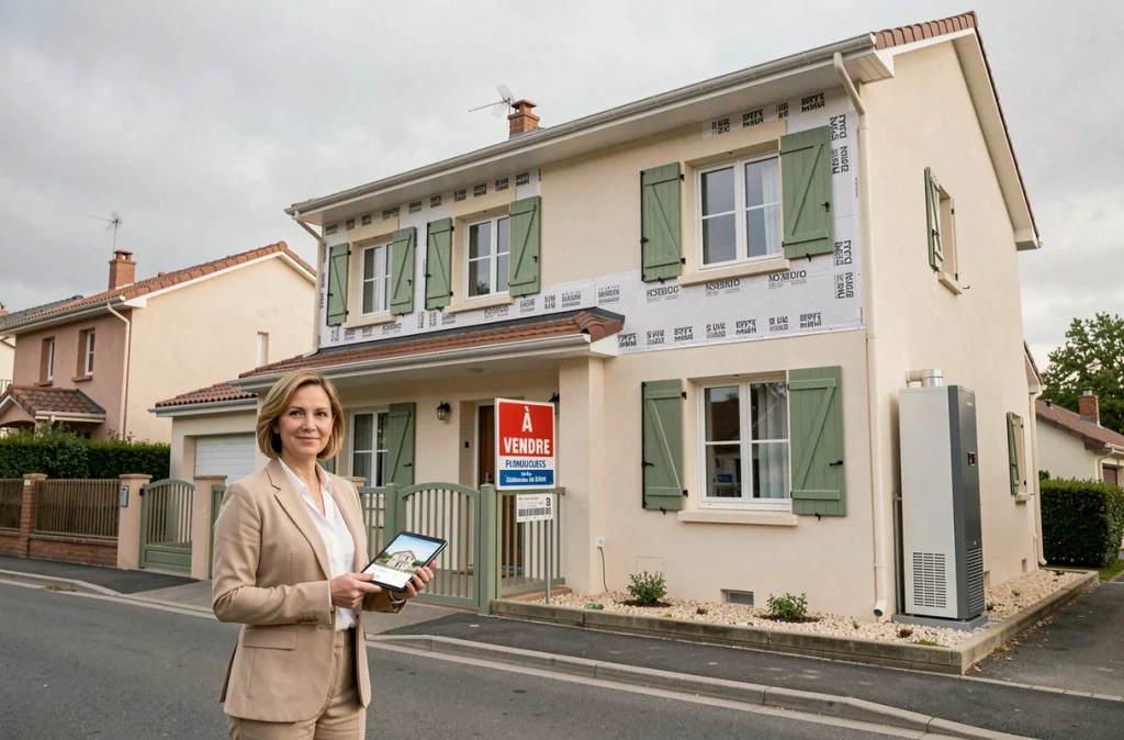 Agent immobilière devant une maison rénovée avec isolation extérieure et pompe à chaleur, tenant une tablette avec les détails du bien