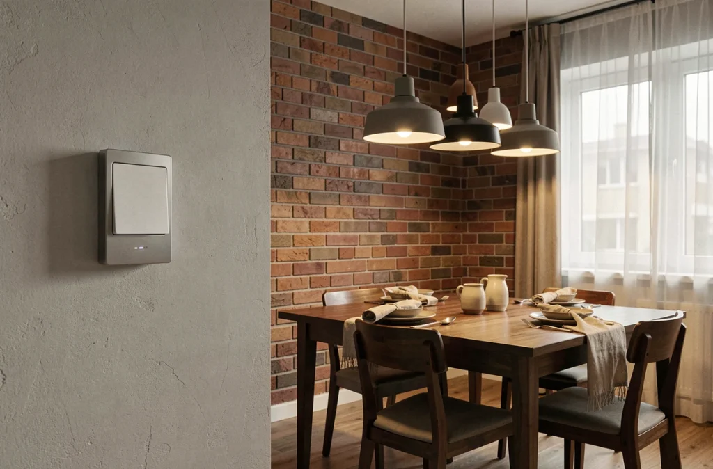 Salle à manger moderne avec variateur de lumière mural et ambiance tamisée créée par des suspensions réglables