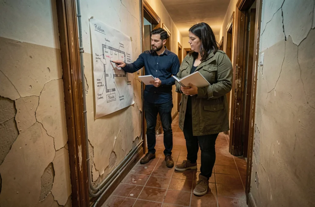 Deux personnes repérant des anomalies de câblage électrique dans le couloir d'un ancien appartement