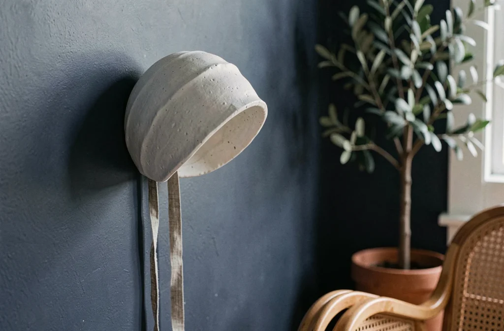 Gros plan sur une applique murale en céramique blanche sur mur bleu marine dans un salon scandinave
