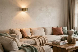 Applique murale en laiton brossé dans un salon contemporain avec canapé en lin et déco naturelle