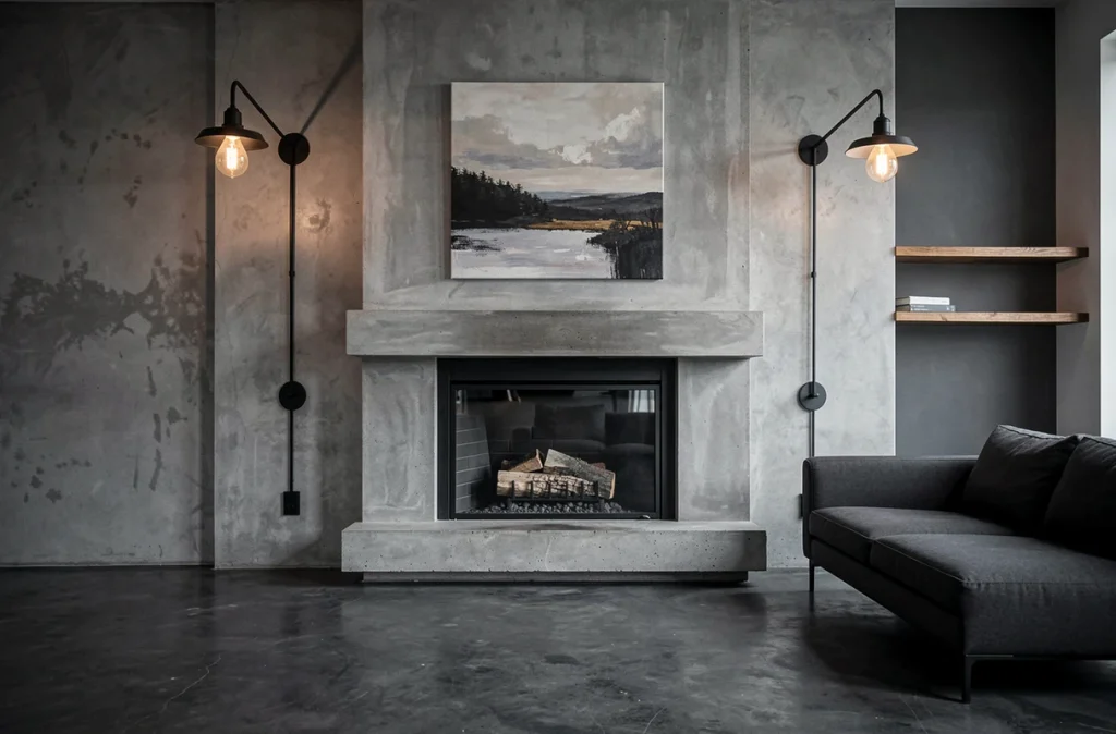Deux appliques murales noires style industriel encadrant une cheminée en béton dans un salon minimaliste