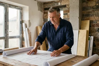 Architecte examinant des plans de rénovation énergétique dans une maison en travaux avec isolation et fenêtres à double vitrage