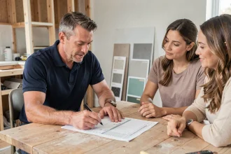 Artisan expliquant un devis de travaux à un couple de propriétaires dans une cuisine en rénovation