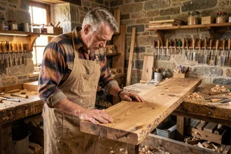 Artisan menuisier examinant une planche de chêne massif dans un atelier traditionnel pour la fabrication de volets en bois solides