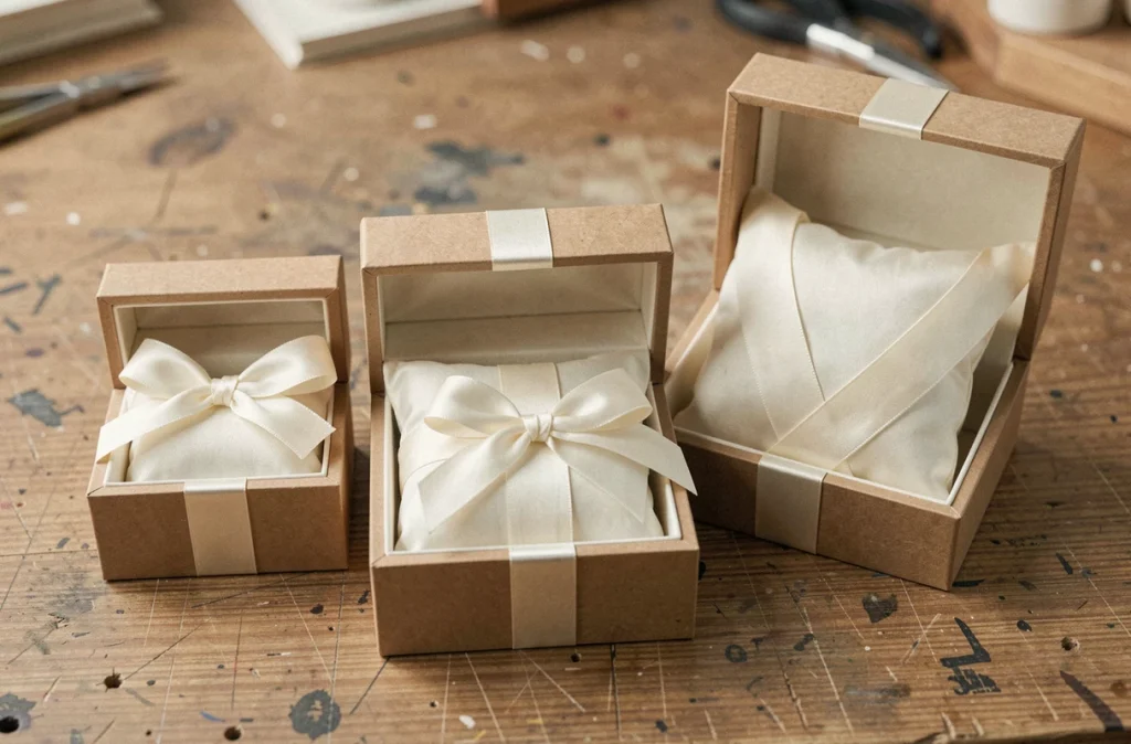 Assortiment de boîtes cadeaux vides pour bijoux en kraft avec ruban satiné ivoire, vue à plat style bijouterie