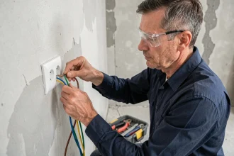 Électricien connectant trois fils colorés dans une prise murale blanche lors d'une rénovation intérieure