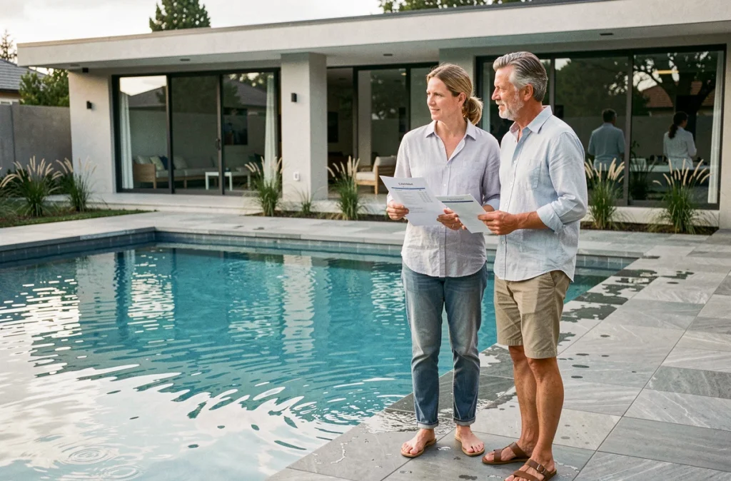 Couple examinant le budget d'une piscine nouvellement construite dans un jardin moderne avec terrasse en pierre