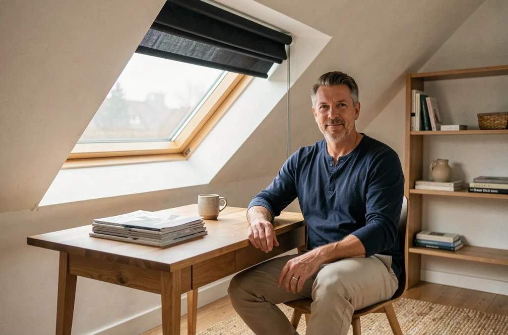 Homme travaillant dans un bureau sous les combles avec store occultant relevé sur fenêtre de toit et lumière naturelle douce