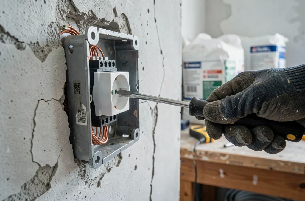 Gros plan sur le câblage et la connexion d'une double prise électrique encastrée dans un mur en plâtre brut