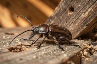 Capricorne des maisons (Hylotrupes bajulus) sur une poutre en bois ancienne avec trous de sortie et sciure visible