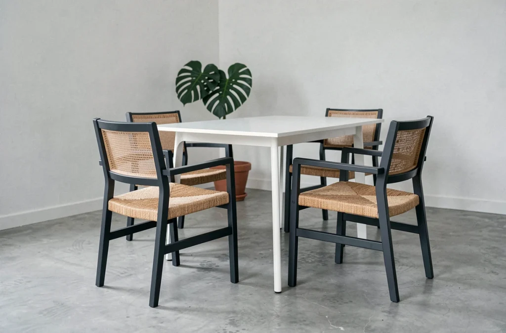 Chaises paillées relookées en noir mat intégrées dans une salle à manger contemporaine minimaliste