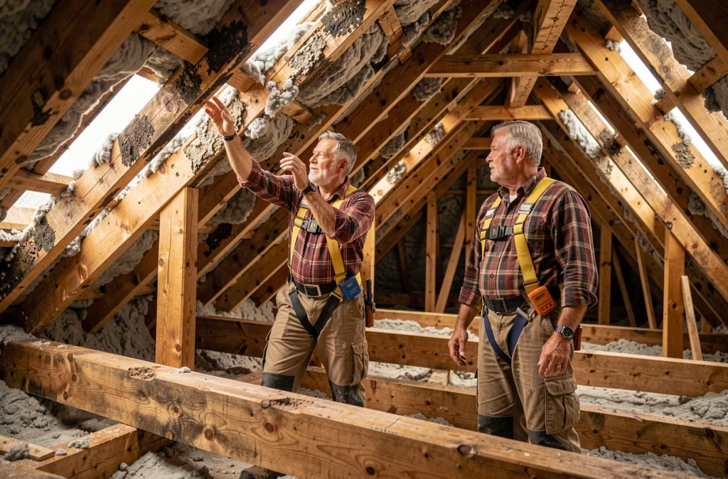Charpentiers examinant une charpente bois ancienne en cours de rénovation dans les combles