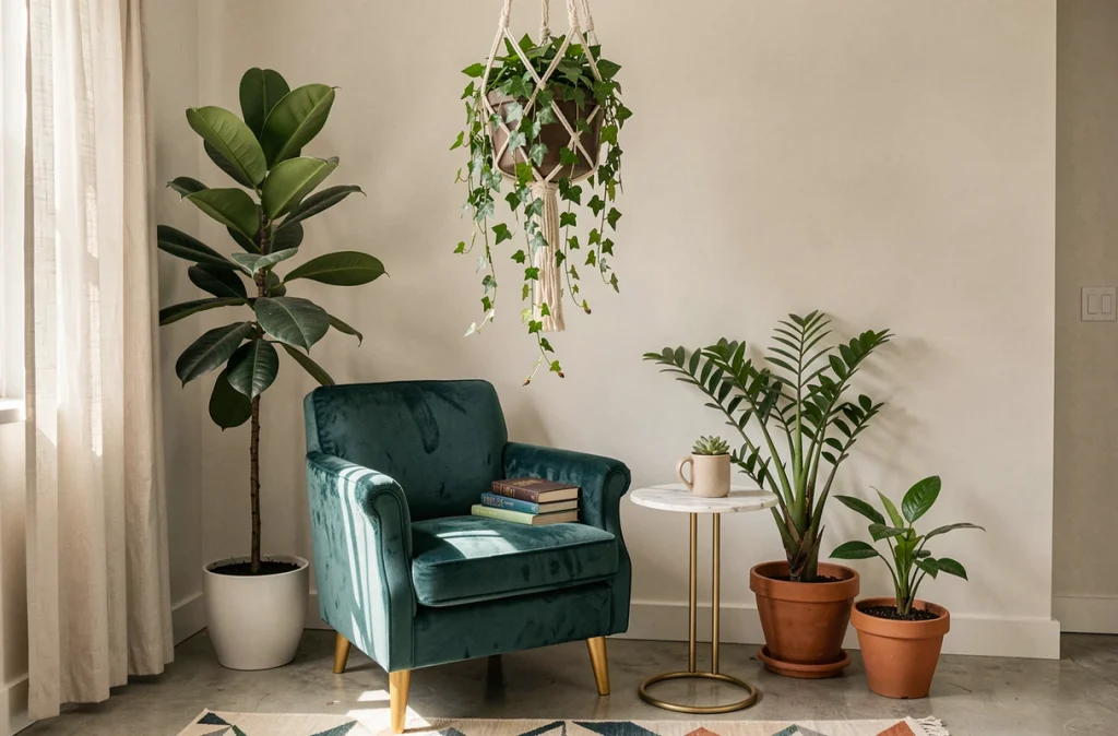 Coin lecture confortable avec fauteuil en velours sarcelle entouré de plantes vertes intérieures variées dans un salon familial
