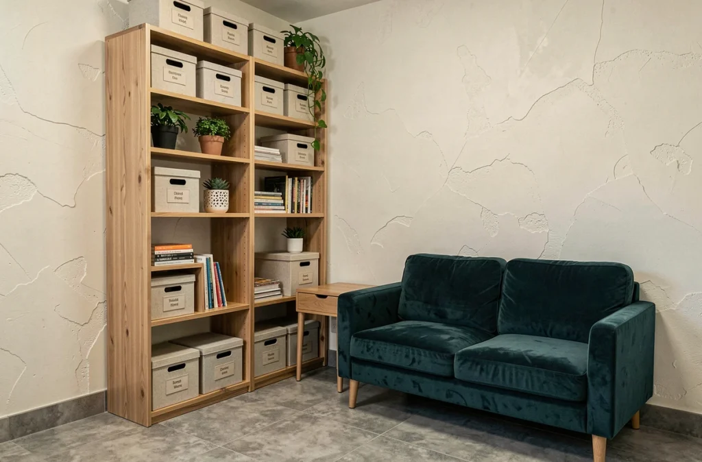 Coin salon urbain avec bibliothèque modulaire en chêne et boîtes de rangement étiquetées pour maximiser l'espace