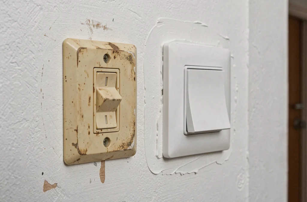 Comparaison côte à côte d'un ancien interrupteur jauni et d'un nouvel interrupteur blanc moderne sur un mur de couloir