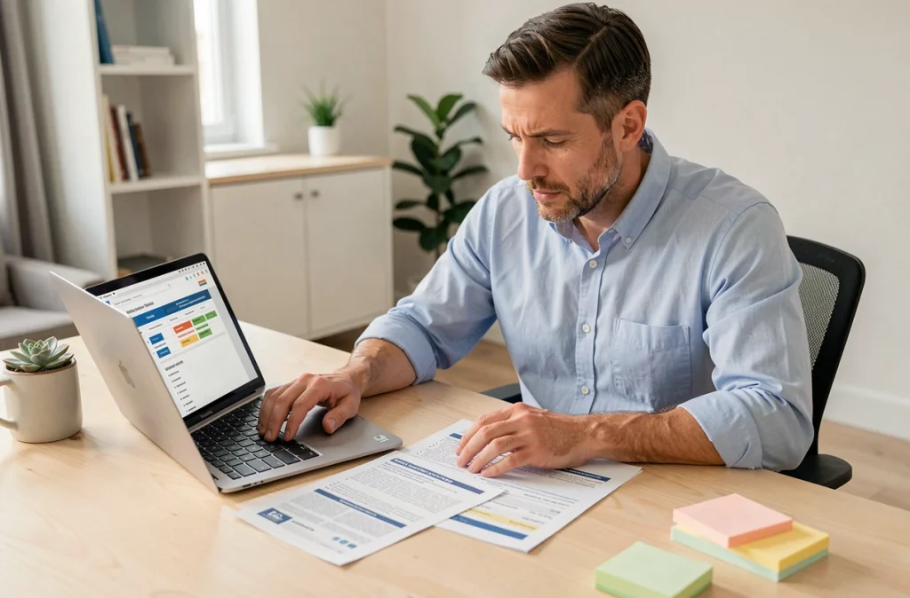 Homme comparant des offres d'assurance habitation sur ordinateur et brochures papier dans un bureau à domicile moderne