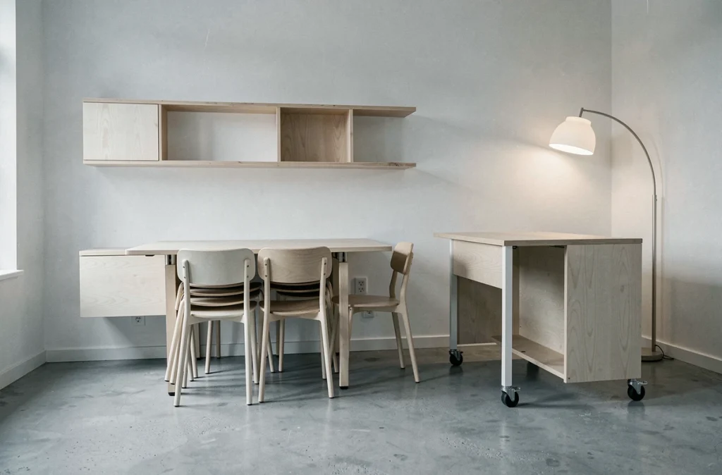 Configuration modulable salle à manger et espace de travail dans un appartement de style scandinave