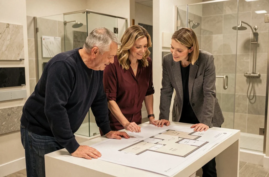 Couple discutant d'un projet de remplacement de baignoire par une douche avec un conseiller dans un showroom de salle de bain