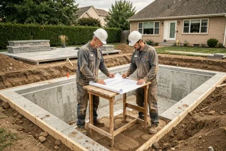 Chantier de construction d'une piscine enterrée dans un jardin résidentiel avec deux ouvriers étudiant des plans