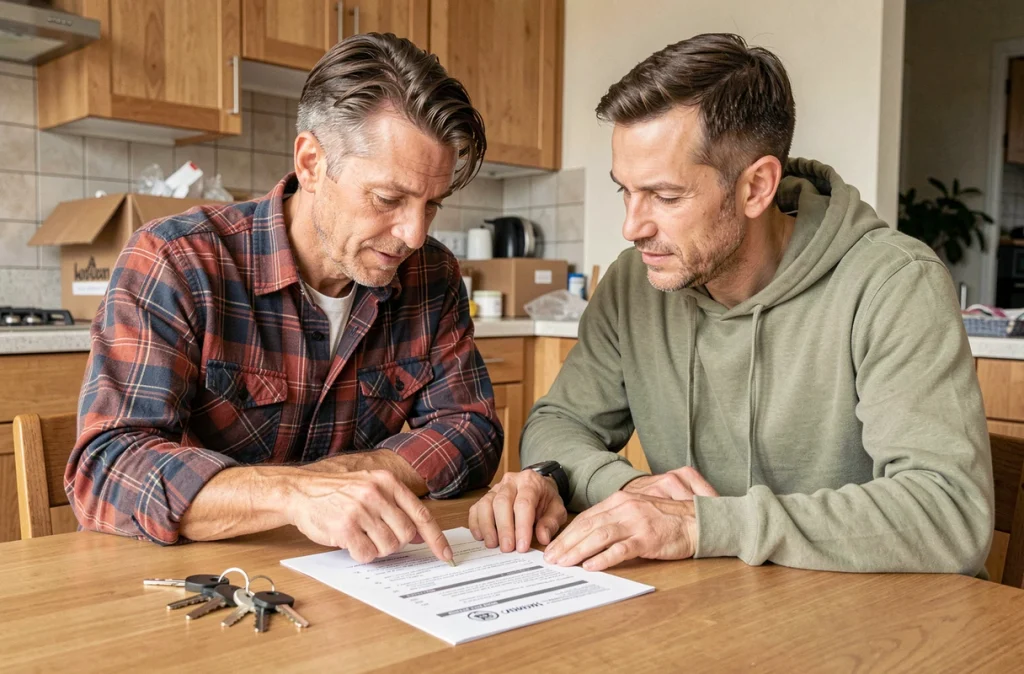Couple passant en revue une liste de contrôle de sécurité du logement avec de nouvelles clés sur une table de cuisine après un déménagement