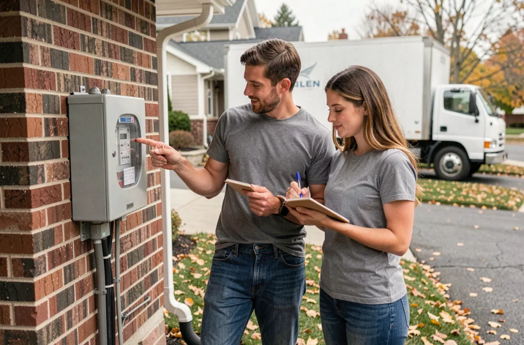 Couple relevant le compteur électrique lors de la remise des clés pour un déménagement