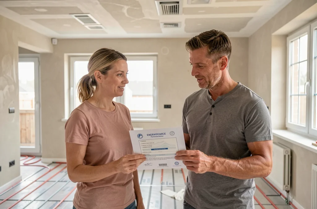 Couple consultant un diagnostic de performance énergétique dans un appartement rénové avec chauffage au sol et nouvelles fenêtres