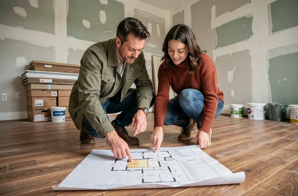 Couple de particuliers examinant ensemble un planning de travaux PDF imprimé dans un appartement en pleine rénovation