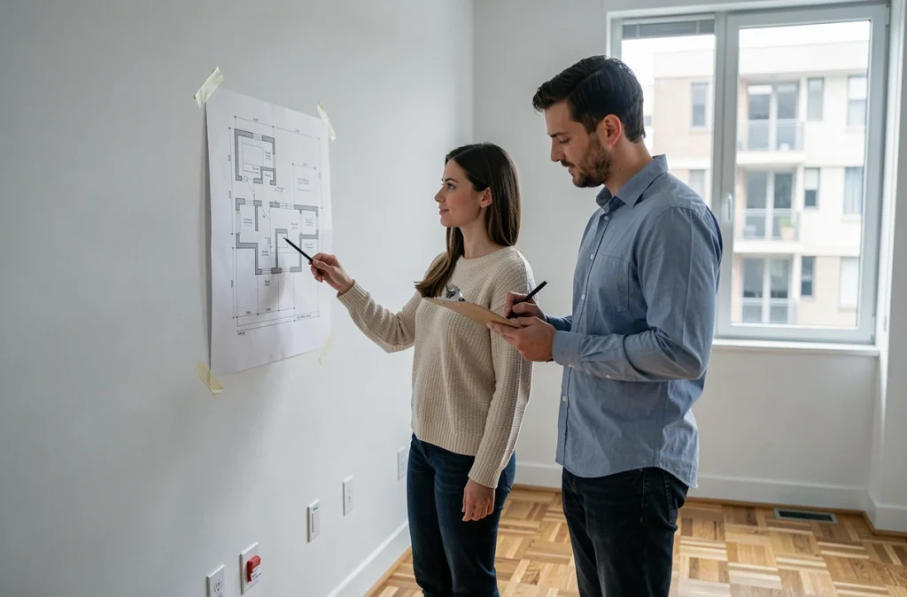 Couple étudiant un plan électrique dans un appartement neuf vide pour anticiper les prises et circuits nécessaires