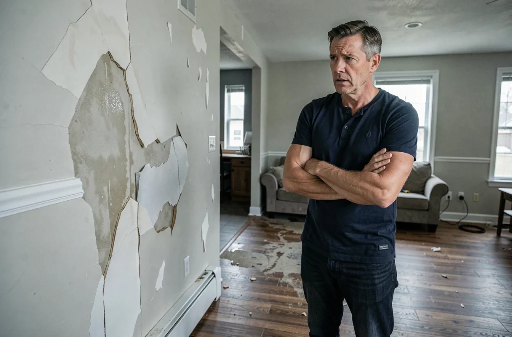 Propriétaire constatant des dégâts des eaux sur un mur de son salon, symbolisant les sinistres mal couverts par l'assurance habitation