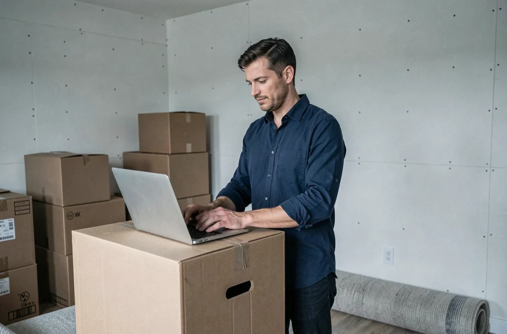 Homme effectuant les démarches de transfert de contrat d'électricité en ligne lors d'un déménagement
