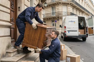Deux déménageurs professionnels en uniforme portant une commode en bois dans une rue parisienne devant un camion de déménagement