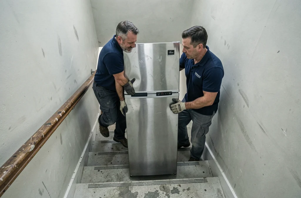 Deux déménageurs transportant un grand réfrigérateur américain dans un escalier d'immeuble
