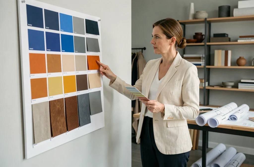 Designer d'intérieur présentant un tableau de couleurs avec des associations complémentaires au bleu pour un projet moderne
