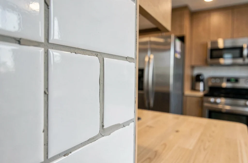 Gros plan sur des carreaux de métro blancs posés sur un mur de cuisine avec croisillons et mortier colle