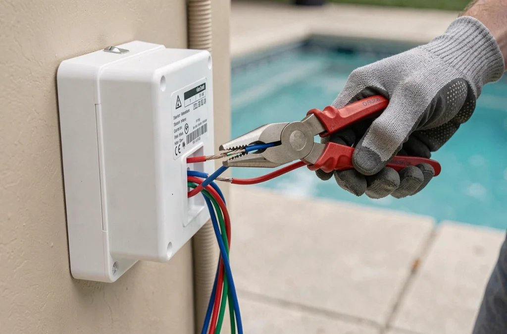 Gros plan sur le raccordement de fils électriques d'un chauffage de piscine avec pince isolée