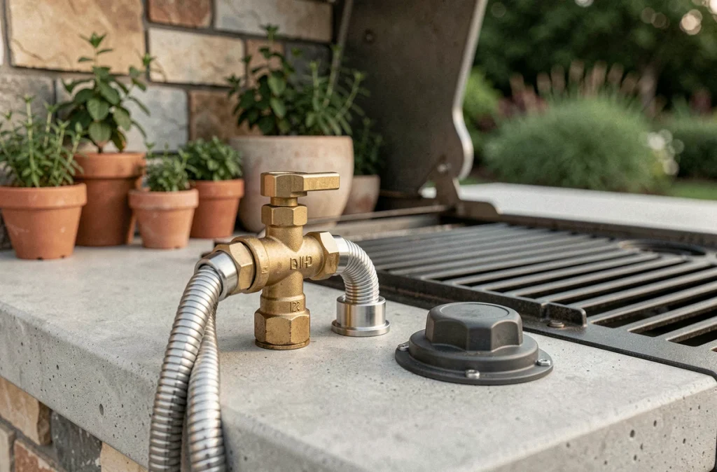 Détail d'un robinet d'arrêt gaz en laiton et flexible inox certifié sur un plan de travail en béton de cuisine extérieure