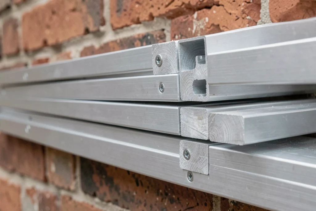 Gros plan sur des tubes aluminium rectangulaires assemblés en panneau de clôture avec visserie inox sur fond de mur en brique