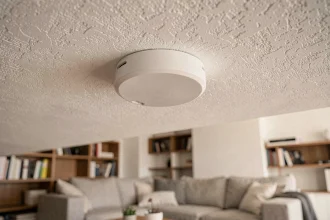 Détecteur de fumée blanc installé au plafond d'un salon moderne