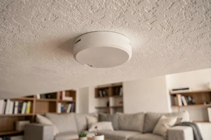 Détecteur de fumée blanc installé au plafond d'un salon moderne