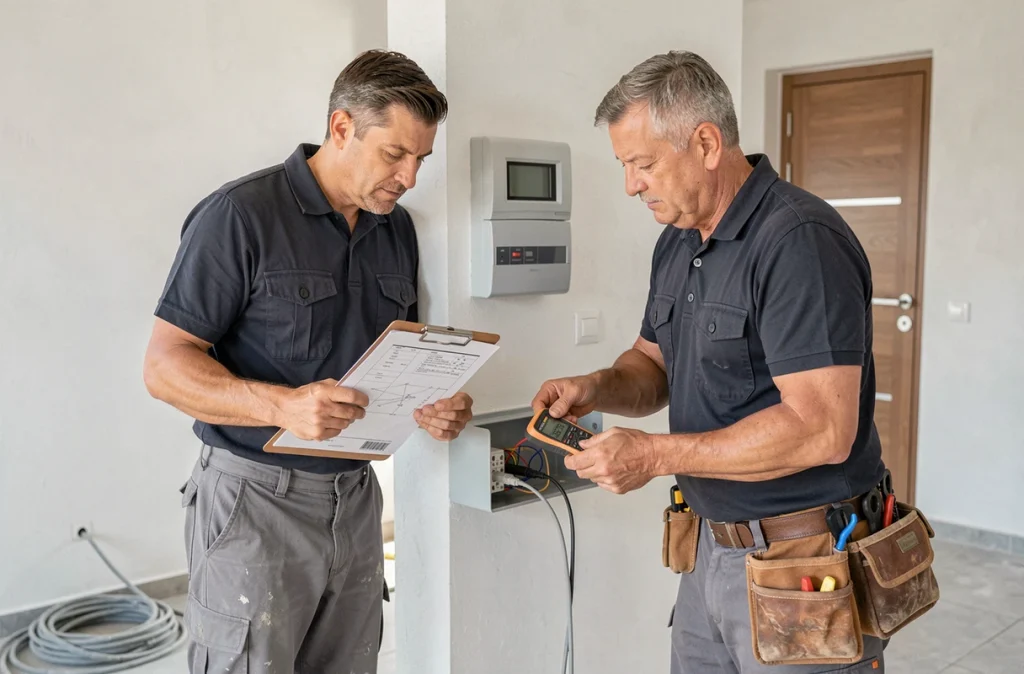 Deux électriciens vérifiant les connexions électriques avec un multimètre dans une maison neuve