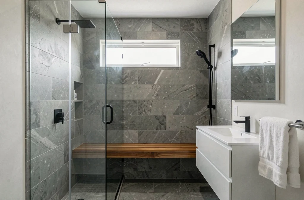 Salle de bain moderne après conversion d'une baignoire en douche à l'italienne avec paroi en verre et carrelage ardoise