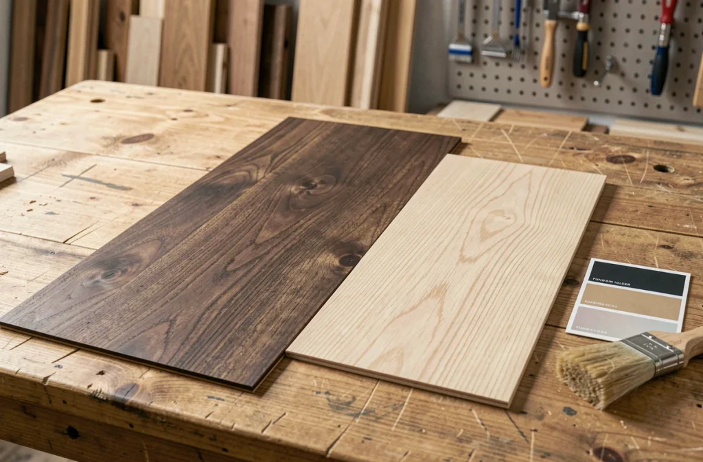 Comparaison d'échantillons de parquet en noyer foncé et frêne clair sur un établi de showroom de sol