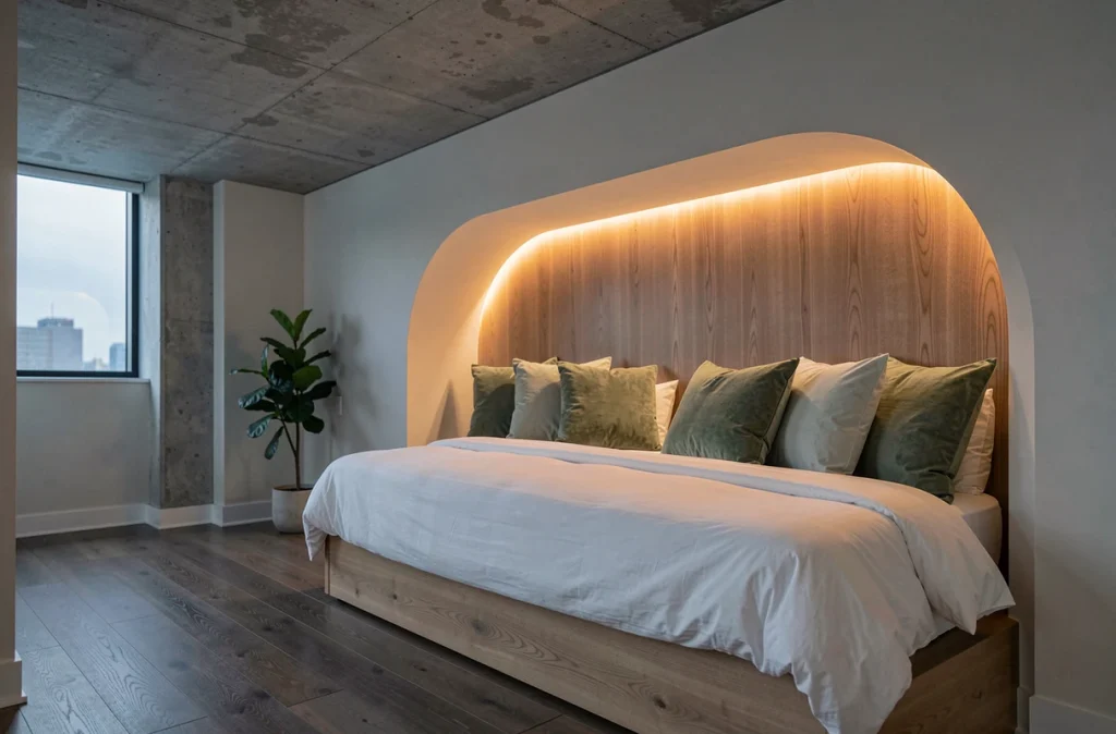 Chambre moderne avec éclairage LED indirect intégré derrière la tête de lit en bois pour une ambiance cosy et apaisante